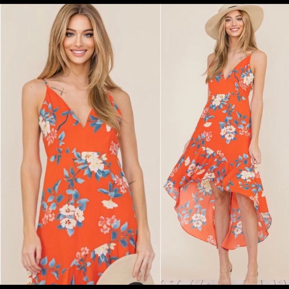 🎉HOST PICK🎉 Floral asymmetrical dress in gorgeous tangerine color - Picture 1 of 6